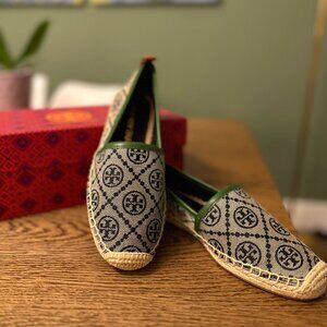 NEW!NWT! Tory Burch T Monogram Jacquard Espadrilles Women Navy Nappa Leather US6